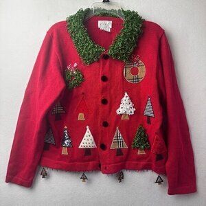 Just B Christmas‎ Cardigan Sweater size L Embroidered Beaded Trees Red Ramie